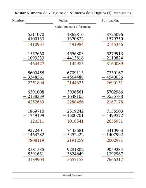 La hoja de ejercicios de Restar números de 7 dígitos de números de 7 dígitos, con acarreo en algunas preguntas (21 preguntas) (I) Página 2