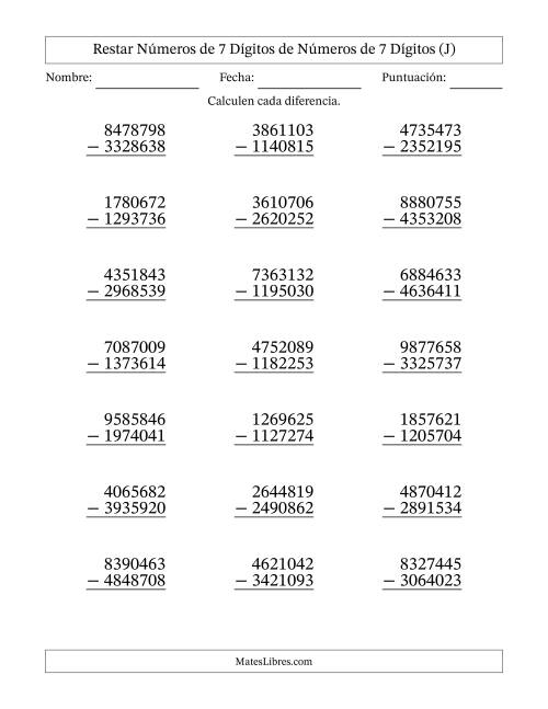 La hoja de ejercicios de Restar números de 7 dígitos de números de 7 dígitos, con acarreo en algunas preguntas (21 preguntas) (J)