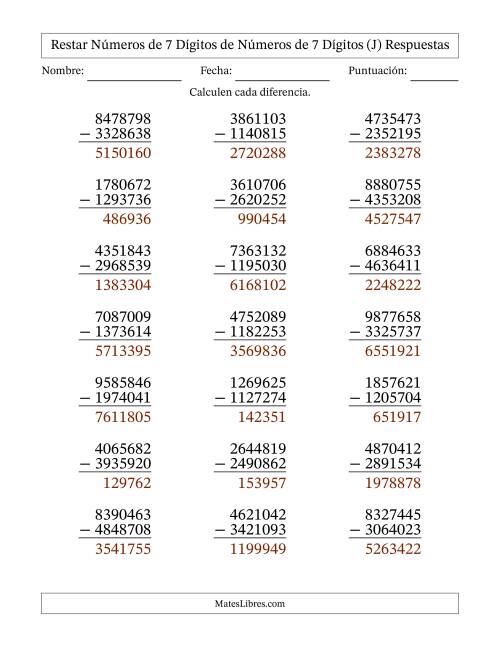 La hoja de ejercicios de Restar números de 7 dígitos de números de 7 dígitos, con acarreo en algunas preguntas (21 preguntas) (J) Página 2
