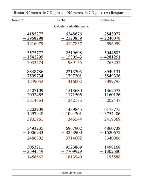 La hoja de ejercicios de Restar números de 7 dígitos de números de 7 dígitos, con acarreo en algunas preguntas (21 preguntas) (Todas) Página 2