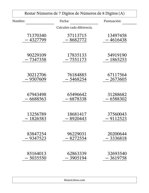La hoja de ejercicios de Restar números de 7 dígitos de números de 8 dígitos, con acarreo en algunas preguntas (21 preguntas) (A)