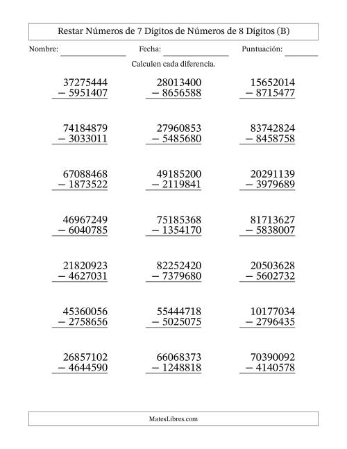 La hoja de ejercicios de Restar números de 7 dígitos de números de 8 dígitos, con acarreo en algunas preguntas (21 preguntas) (B)