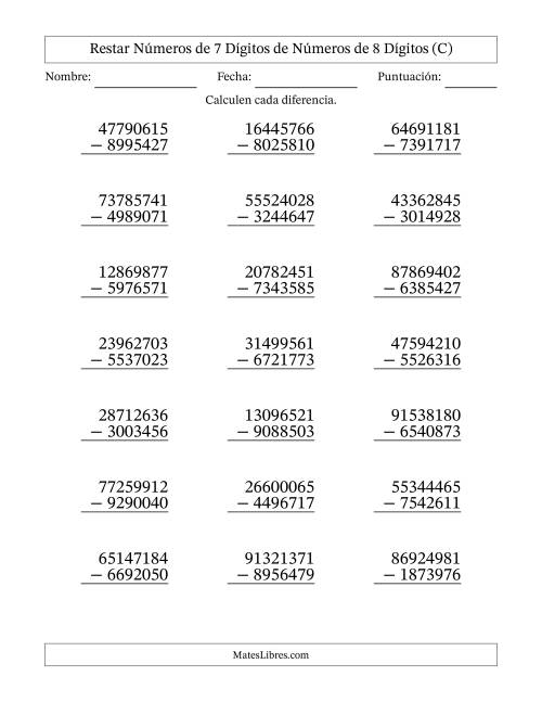 La hoja de ejercicios de Restar números de 7 dígitos de números de 8 dígitos, con acarreo en algunas preguntas (21 preguntas) (C)