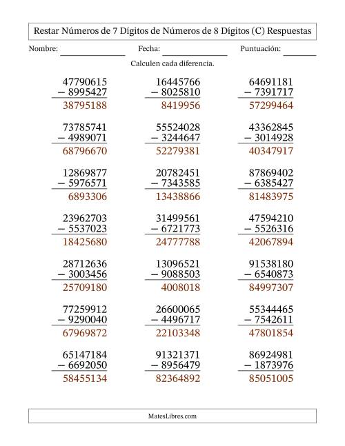 La hoja de ejercicios de Restar números de 7 dígitos de números de 8 dígitos, con acarreo en algunas preguntas (21 preguntas) (C) Página 2