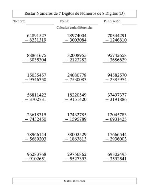 La hoja de ejercicios de Restar números de 7 dígitos de números de 8 dígitos, con acarreo en algunas preguntas (21 preguntas) (D)