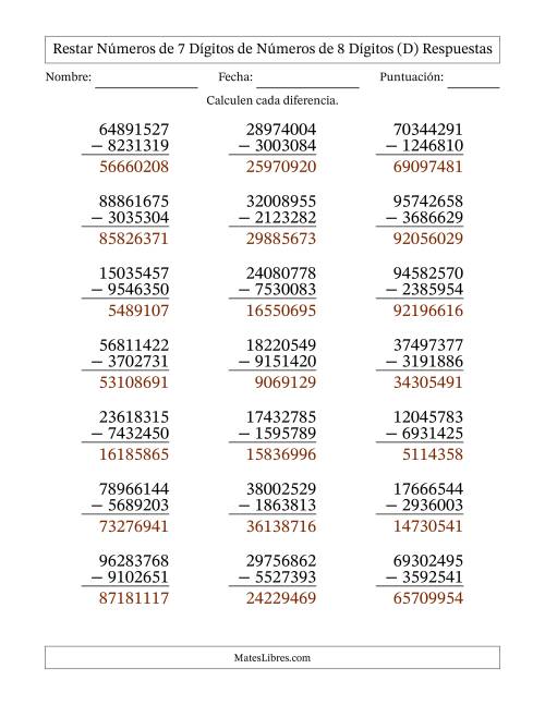 La hoja de ejercicios de Restar números de 7 dígitos de números de 8 dígitos, con acarreo en algunas preguntas (21 preguntas) (D) Página 2