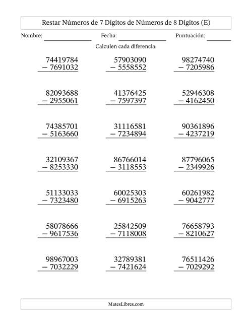 La hoja de ejercicios de Restar números de 7 dígitos de números de 8 dígitos, con acarreo en algunas preguntas (21 preguntas) (E)