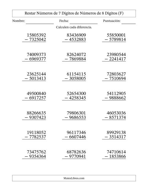 La hoja de ejercicios de Restar números de 7 dígitos de números de 8 dígitos, con acarreo en algunas preguntas (21 preguntas) (F)
