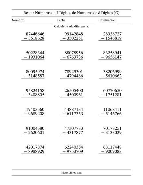 La hoja de ejercicios de Restar números de 7 dígitos de números de 8 dígitos, con acarreo en algunas preguntas (21 preguntas) (G)