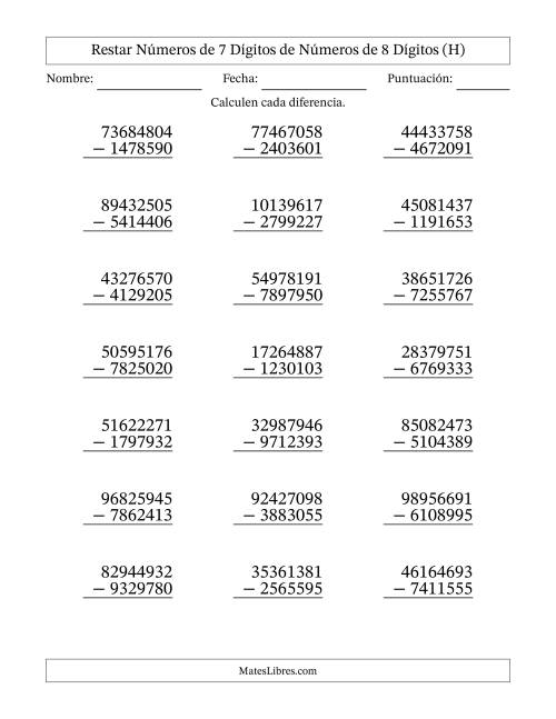 La hoja de ejercicios de Restar números de 7 dígitos de números de 8 dígitos, con acarreo en algunas preguntas (21 preguntas) (H)