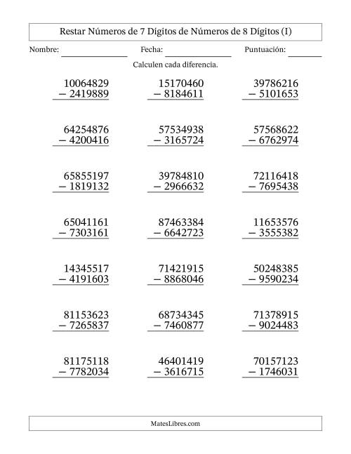 La hoja de ejercicios de Restar números de 7 dígitos de números de 8 dígitos, con acarreo en algunas preguntas (21 preguntas) (I)