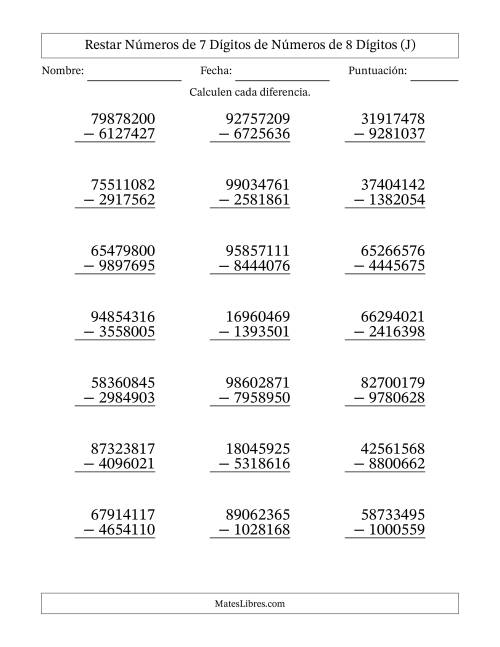 La hoja de ejercicios de Restar números de 7 dígitos de números de 8 dígitos, con acarreo en algunas preguntas (21 preguntas) (J)