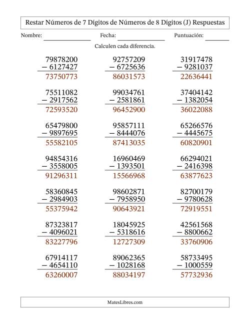 La hoja de ejercicios de Restar números de 7 dígitos de números de 8 dígitos, con acarreo en algunas preguntas (21 preguntas) (J) Página 2