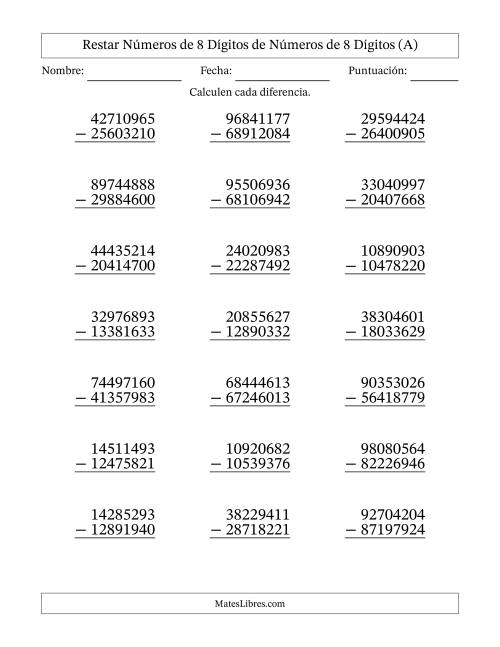 La hoja de ejercicios de Restar números de 8 dígitos de números de 8 dígitos, con acarreo en algunas preguntas (21 preguntas) (A)