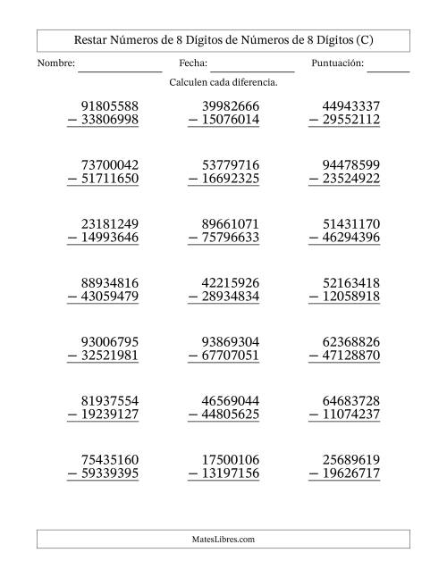 La hoja de ejercicios de Restar números de 8 dígitos de números de 8 dígitos, con acarreo en algunas preguntas (21 preguntas) (C)