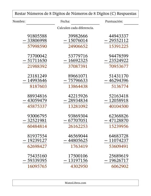 La hoja de ejercicios de Restar números de 8 dígitos de números de 8 dígitos, con acarreo en algunas preguntas (21 preguntas) (C) Página 2