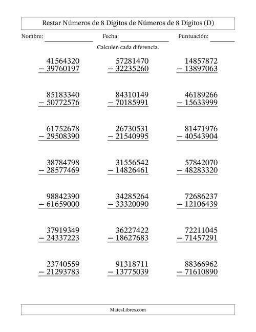 La hoja de ejercicios de Restar números de 8 dígitos de números de 8 dígitos, con acarreo en algunas preguntas (21 preguntas) (D)