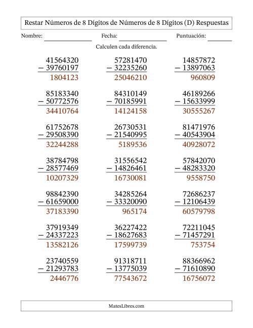 La hoja de ejercicios de Restar números de 8 dígitos de números de 8 dígitos, con acarreo en algunas preguntas (21 preguntas) (D) Página 2