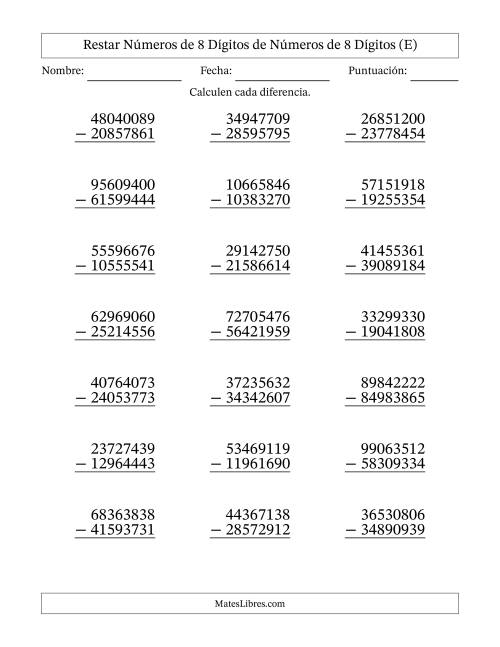 La hoja de ejercicios de Restar números de 8 dígitos de números de 8 dígitos, con acarreo en algunas preguntas (21 preguntas) (E)