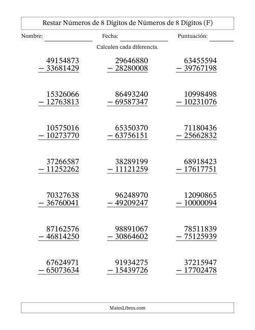 La hoja de ejercicios de Restar números de 8 dígitos de números de 8 dígitos, con acarreo en algunas preguntas (21 preguntas) (F)