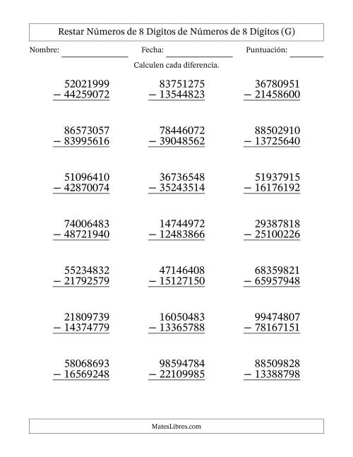 La hoja de ejercicios de Restar números de 8 dígitos de números de 8 dígitos, con acarreo en algunas preguntas (21 preguntas) (G)