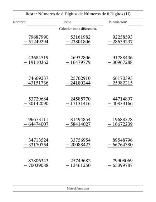 La hoja de ejercicios de Restar números de 8 dígitos de números de 8 dígitos, con acarreo en algunas preguntas (21 preguntas) (H)