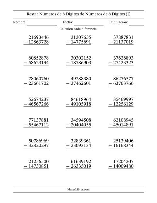 La hoja de ejercicios de Restar números de 8 dígitos de números de 8 dígitos, con acarreo en algunas preguntas (21 preguntas) (I)