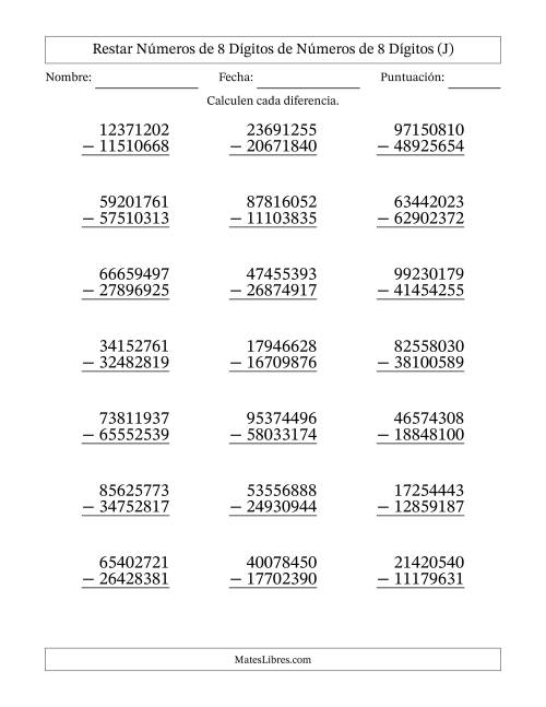La hoja de ejercicios de Restar números de 8 dígitos de números de 8 dígitos, con acarreo en algunas preguntas (21 preguntas) (J)