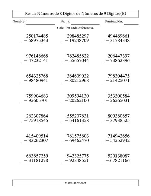 La hoja de ejercicios de Restar números de 8 dígitos de números de 9 dígitos, con acarreo en algunas preguntas (21 preguntas) (B)