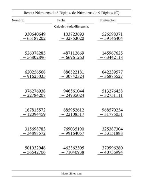 La hoja de ejercicios de Restar números de 8 dígitos de números de 9 dígitos, con acarreo en algunas preguntas (21 preguntas) (C)