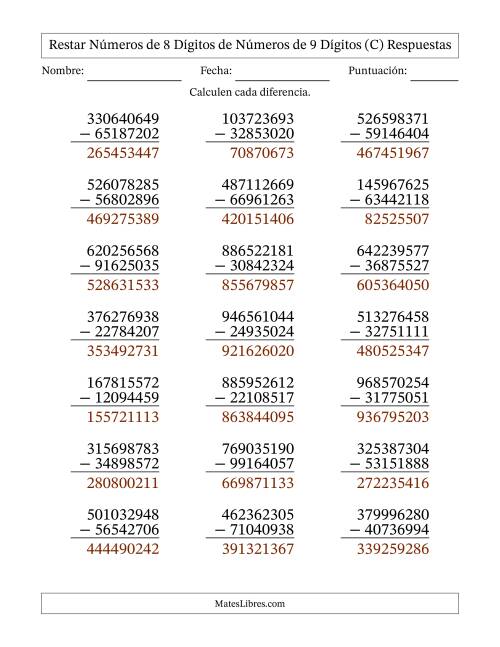 La hoja de ejercicios de Restar números de 8 dígitos de números de 9 dígitos, con acarreo en algunas preguntas (21 preguntas) (C) Página 2