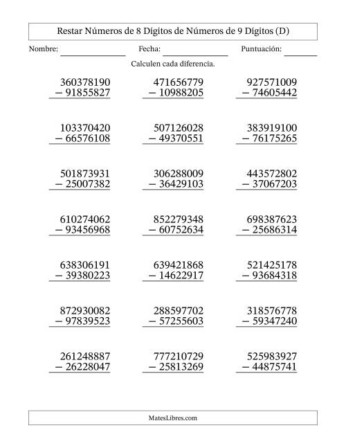 La hoja de ejercicios de Restar números de 8 dígitos de números de 9 dígitos, con acarreo en algunas preguntas (21 preguntas) (D)
