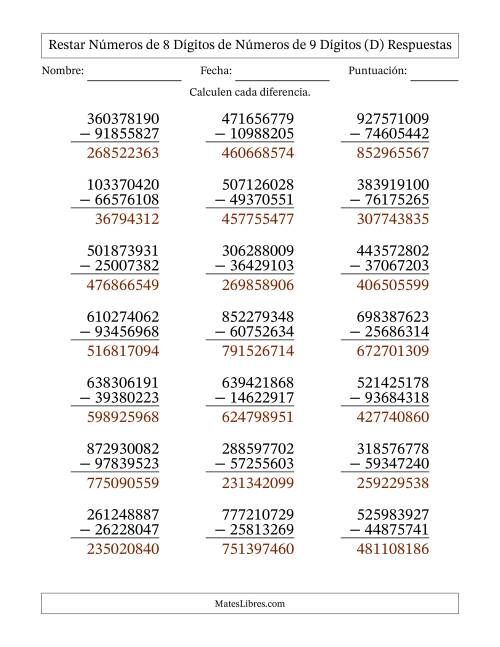 La hoja de ejercicios de Restar números de 8 dígitos de números de 9 dígitos, con acarreo en algunas preguntas (21 preguntas) (D) Página 2