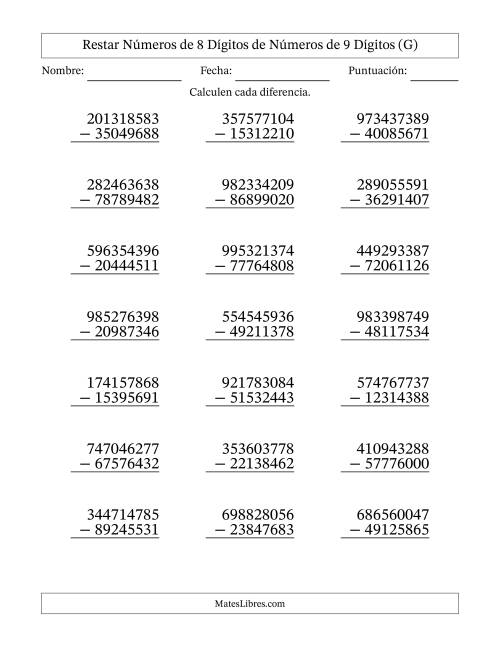La hoja de ejercicios de Restar números de 8 dígitos de números de 9 dígitos, con acarreo en algunas preguntas (21 preguntas) (G)