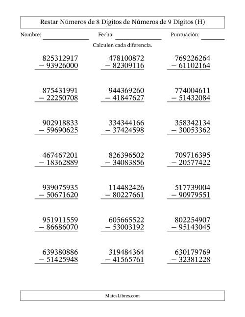 La hoja de ejercicios de Restar números de 8 dígitos de números de 9 dígitos, con acarreo en algunas preguntas (21 preguntas) (H)