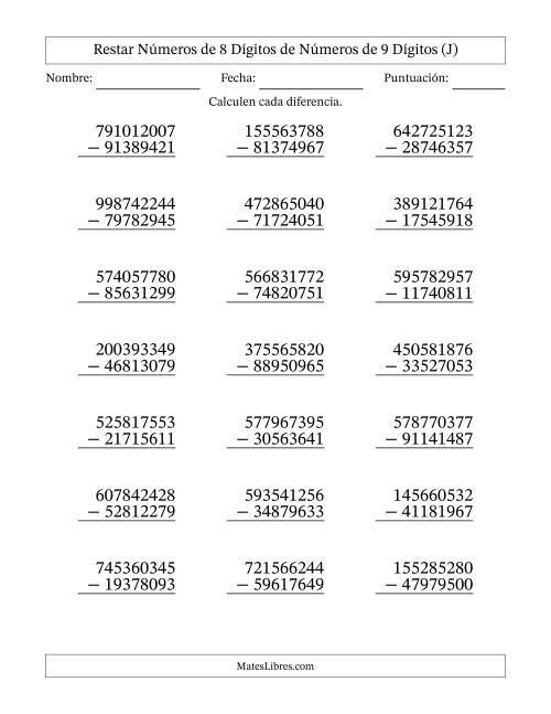La hoja de ejercicios de Restar números de 8 dígitos de números de 9 dígitos, con acarreo en algunas preguntas (21 preguntas) (J)