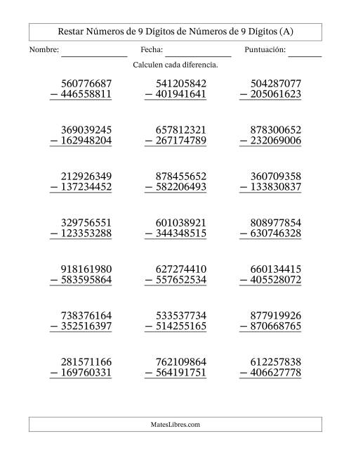 La hoja de ejercicios de Restar números de 9 dígitos de números de 9 dígitos, con acarreo en algunas preguntas (21 preguntas) (A)