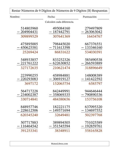 La hoja de ejercicios de Restar números de 9 dígitos de números de 9 dígitos, con acarreo en algunas preguntas (21 preguntas) (B) Página 2
