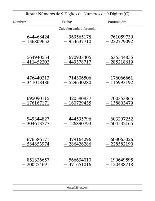 La hoja de ejercicios de Restar números de 9 dígitos de números de 9 dígitos, con acarreo en algunas preguntas (21 preguntas) (C)