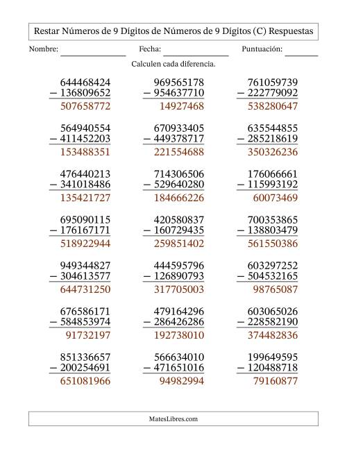 La hoja de ejercicios de Restar números de 9 dígitos de números de 9 dígitos, con acarreo en algunas preguntas (21 preguntas) (C) Página 2