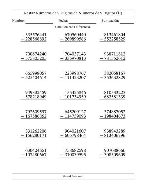 La hoja de ejercicios de Restar números de 9 dígitos de números de 9 dígitos, con acarreo en algunas preguntas (21 preguntas) (D)