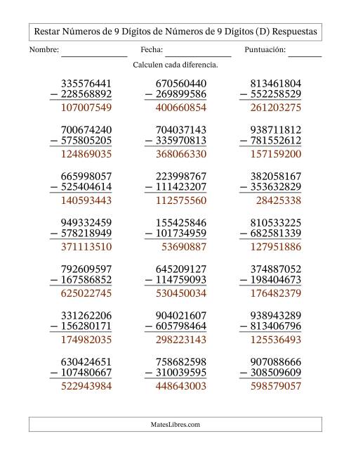 La hoja de ejercicios de Restar números de 9 dígitos de números de 9 dígitos, con acarreo en algunas preguntas (21 preguntas) (D) Página 2