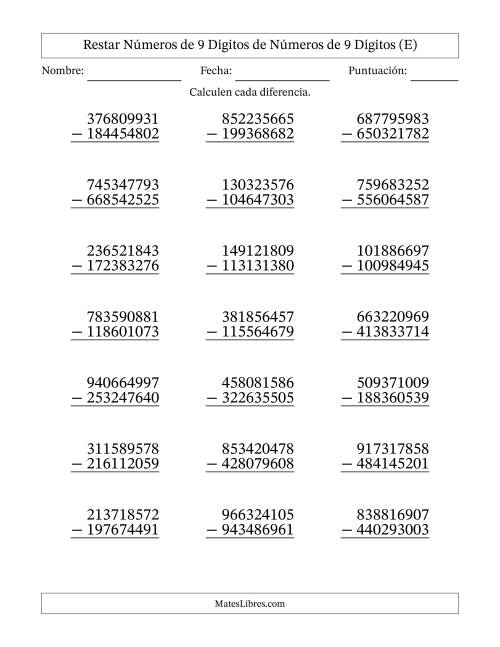 La hoja de ejercicios de Restar números de 9 dígitos de números de 9 dígitos, con acarreo en algunas preguntas (21 preguntas) (E)