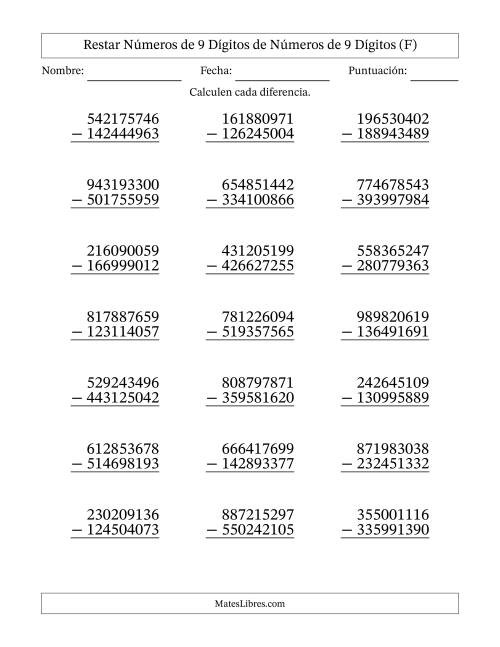 La hoja de ejercicios de Restar números de 9 dígitos de números de 9 dígitos, con acarreo en algunas preguntas (21 preguntas) (F)