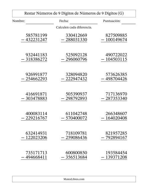 La hoja de ejercicios de Restar números de 9 dígitos de números de 9 dígitos, con acarreo en algunas preguntas (21 preguntas) (G)
