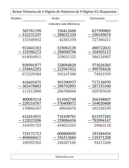 La hoja de ejercicios de Restar números de 9 dígitos de números de 9 dígitos, con acarreo en algunas preguntas (21 preguntas) (G) Página 2