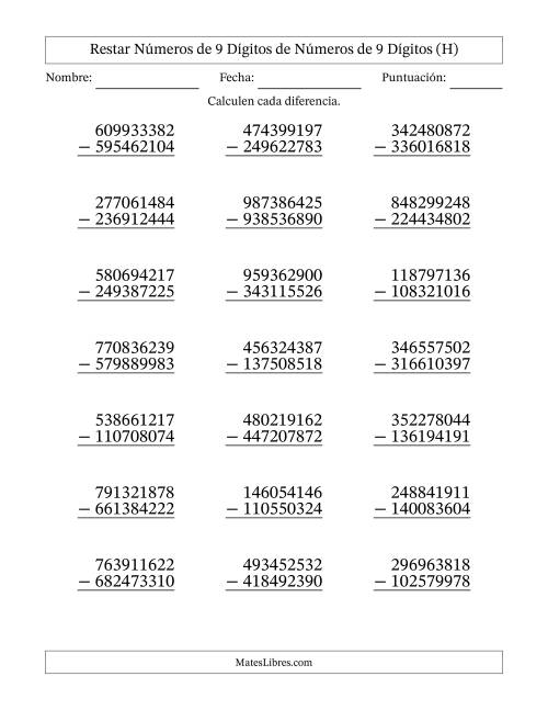 La hoja de ejercicios de Restar números de 9 dígitos de números de 9 dígitos, con acarreo en algunas preguntas (21 preguntas) (H)