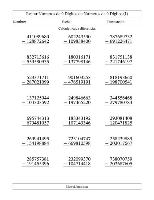 La hoja de ejercicios de Restar números de 9 dígitos de números de 9 dígitos, con acarreo en algunas preguntas (21 preguntas) (I)