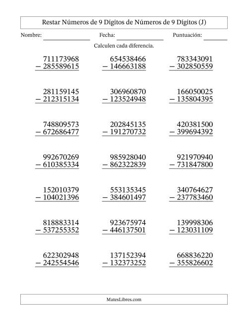La hoja de ejercicios de Restar números de 9 dígitos de números de 9 dígitos, con acarreo en algunas preguntas (21 preguntas) (J)