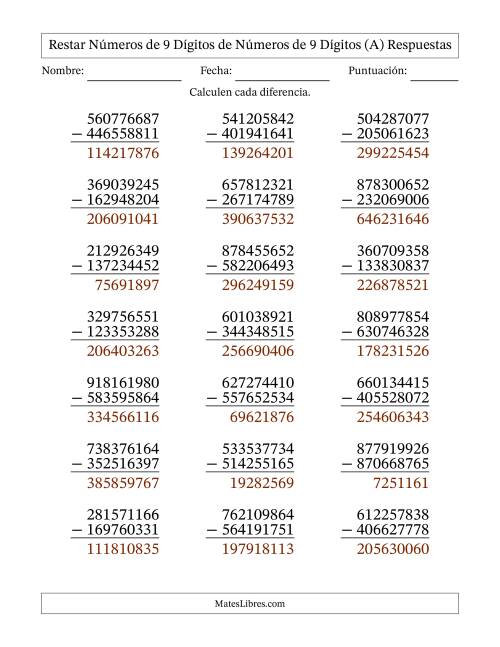 La hoja de ejercicios de Restar números de 9 dígitos de números de 9 dígitos, con acarreo en algunas preguntas (21 preguntas) (Todas) Página 2